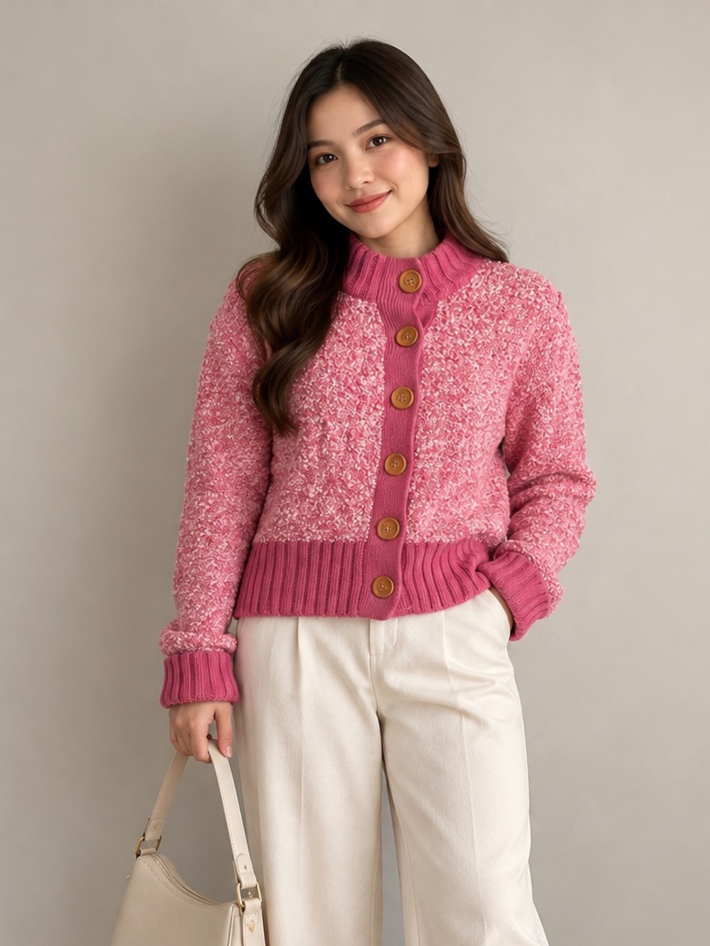 Wool Blend Pink Boucle Knit Cardigan XL Wool Blend Chunky Button Cozy Sweater